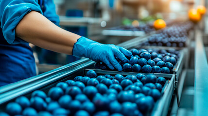 Autumn orange fruit production line at a food factory. A worker is putting oranges onto a conveyor belt for branding and packaging in the factory.