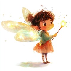 Fototapeta premium Cute fairy character, watercolor style, with wings and a glowing wand, white background