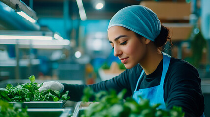 Close-up of a young Arab woman worker in a blue apron and hair cover, cleaning fresh green vegetables on a warehouse production line for a delivery service concept. Photo-realistic.