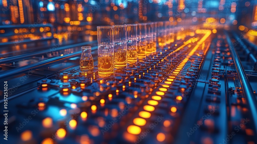 Poster laboratory scene with glowing flasks and illuminated machinery.