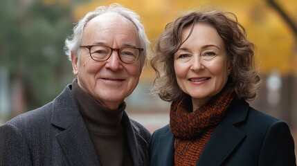 Man and a woman are smiling for the camera. The man is wearing glasses and the woman is wearing a scarf