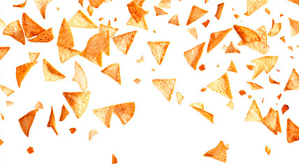 Falling Mexican tortilla triangular chips on a white background, top view. A pattern of flying snack fast food. Space for text or product presentation. 