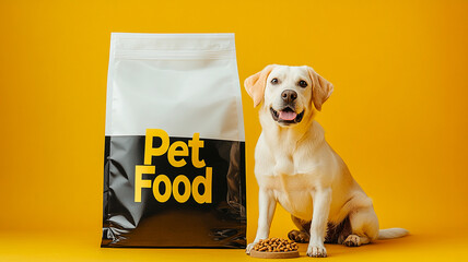 Pet food packaging mockup, front view of a dog sitting next to a large white and black bag with "Pet Food" written on it, yellow background