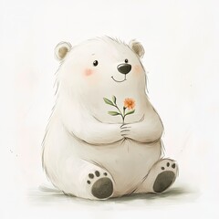Fototapeta premium Sweet cartoon bear, watercolor style, holding a small flower, white background