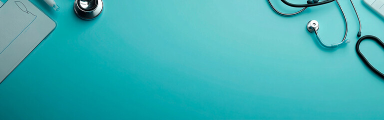Photo of a top-view, flat-lay stethoscope and medical equipment on a blue background with copy space, a panoramic banner for website illustration design. 