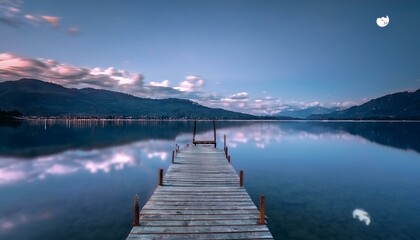 Obraz premium Pequeño embarcader a la luz de luna en un lago tranquilo