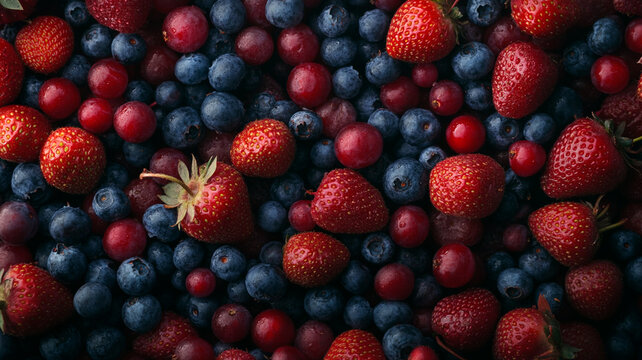 Top view of a mix of berries, including strawberries and blueberries, on a background, close-up, high-resolution photography.