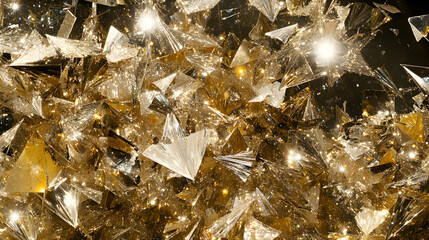 Abstract golden and silver crystal formations, reflecting light and creating an intricate pattern.