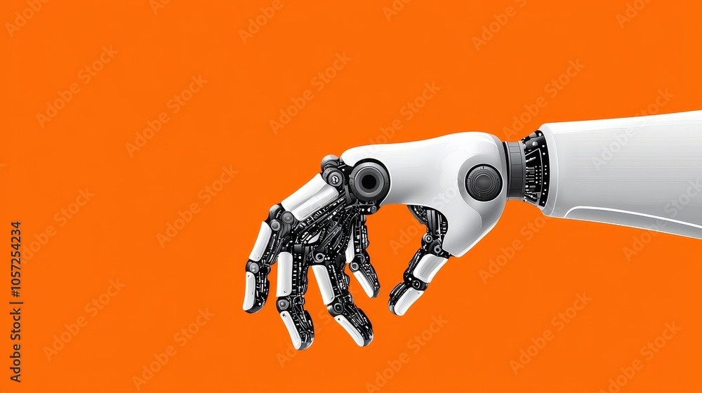 Poster in machine learning concept, robotic arms represent automation and stock.