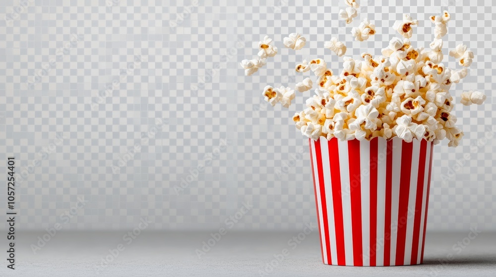 Aufkleber red and white popcorn bucket is filled with popcorn. the image has a fun and playful mood, as the po