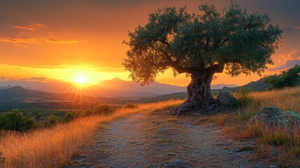 
An olive tree stands tall on the hillside, bathed in the warm rays of the setting sun. Sunlight penetrates the clouds, casting long shadows across the landscape