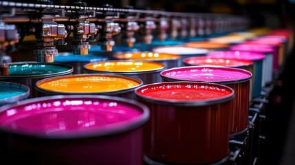 Close-up of vibrant CMYK printing inks in containers on a factory production line.