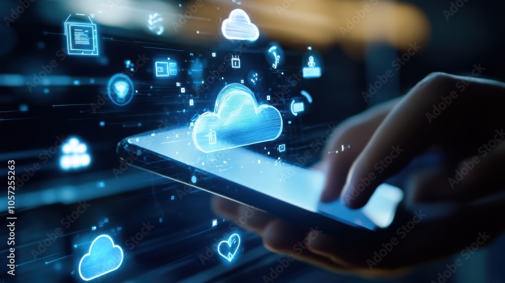 Poster a close-up of a hand using a mobile device, with digital overlays of iot a