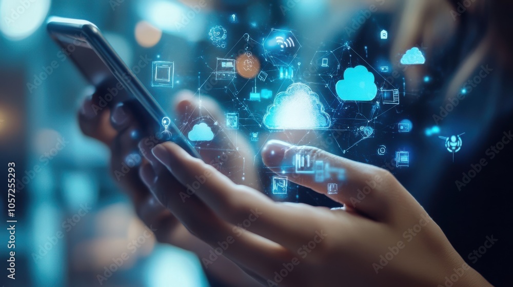Poster a close-up of a hand using a mobile device, with digital overlays of iot