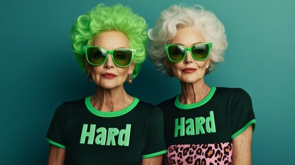 Obraz premium Two women with green hair and glasses are wearing shirts that say 