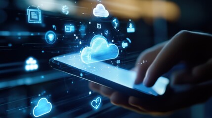 A close-up of a hand using a mobile device, with digital overlays of IOT a