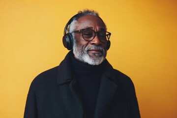 Obraz premium Man wearing glasses and headphones is sitting on a yellow background. He is wearing a black coat and a black sweater