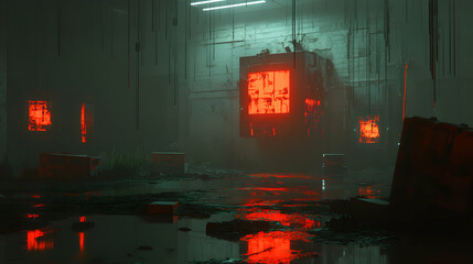 Obraz premium A dark, futuristic scene with red glowing panels and a flooded floor.