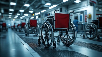 Fototapeta premium A row of empty wheelchairs in a clinical setting.