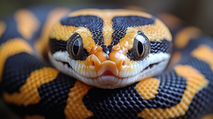 Obraz premium Close-up portrait of a yellow and black snake with its tongue out, looking directly at the camera.