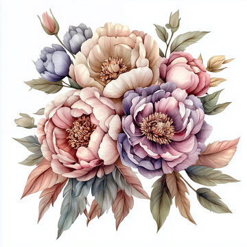 vintage watercolor bouquet of colorful  vintage flowers, watercolor illustration, for kids book, sticker, fabric T-shirt, wall art, cover book,  notebook