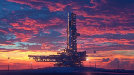 Fototapeta premium A panoramic scene of a space rocket at dusk, the sky ablaze with sunset colors, .