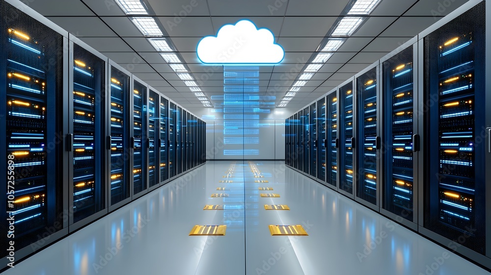 Poster Dual Tone Server Racks Seamlessly Connected to Cloud Storage System Representing Modern Digital Infrastructure and Distributed Computing Solutions