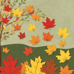 Obraz premium A colorful, illustrated scene featuring a tree shedding vibrant autumn leaves in shades of red, orange, and yellow against a soft green background.