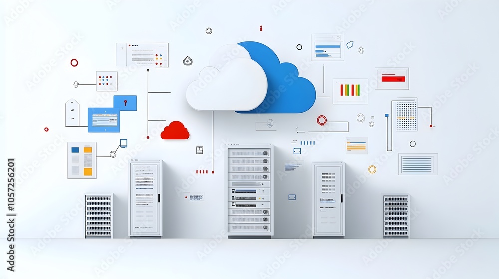Poster Hosting Network Icon with Two Tone Cloud and Interconnected Server Nodes Representing Technology Infrastructure Digital Services and Communication Systems