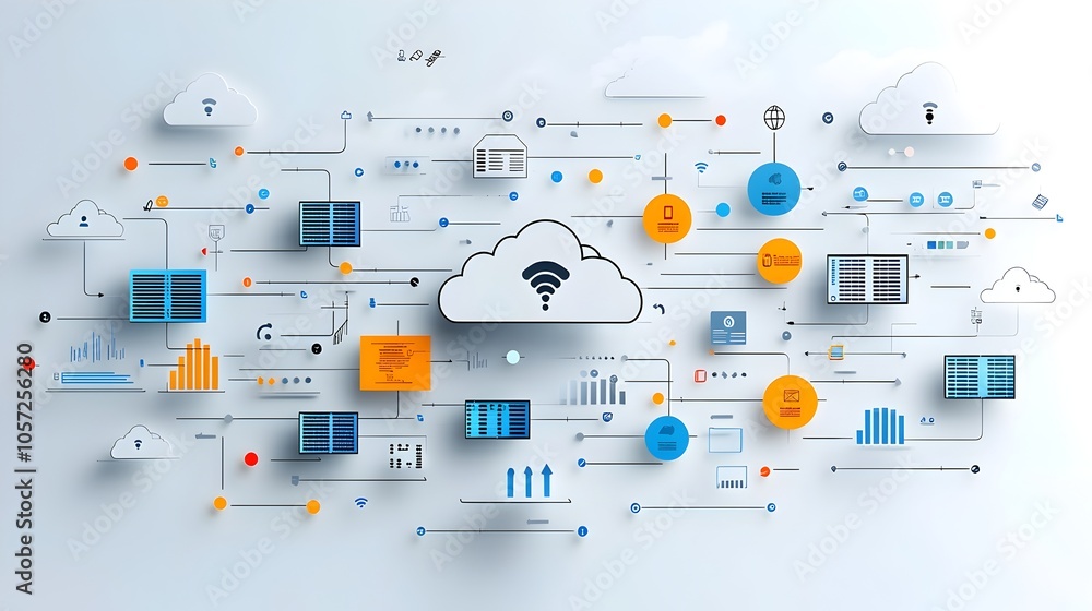 Aufkleber Simplified cloud computing network diagram with servers and arrows in contrasting colors representing the flow of data and information  Conceptual of modern digital infrastructure and technology