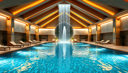View of the luxurious modern interior of the spa and wellness center with sun loungers by the thermal pool with underwater lighting and a waterfall isolated with white highlights, png