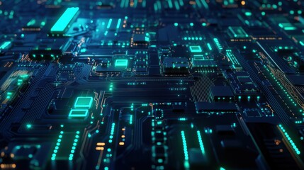 Obraz premium Abstract 3D electronic PCB with blue and green lighting