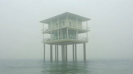 A two-story house on stilts in the middle of the ocean, shrouded in thick fog.