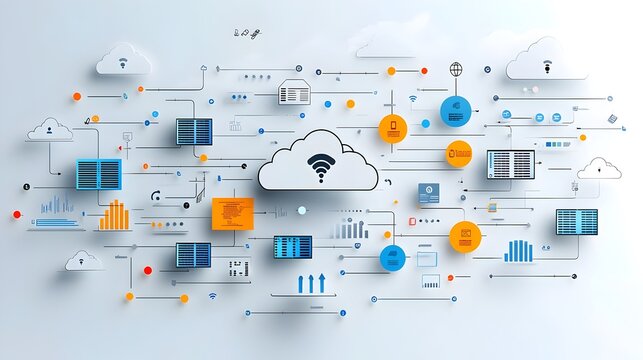 Simplified cloud computing network diagram with servers and arrows in contrasting colors representing the flow of data and information  Conceptual of modern digital infrastructure and technology