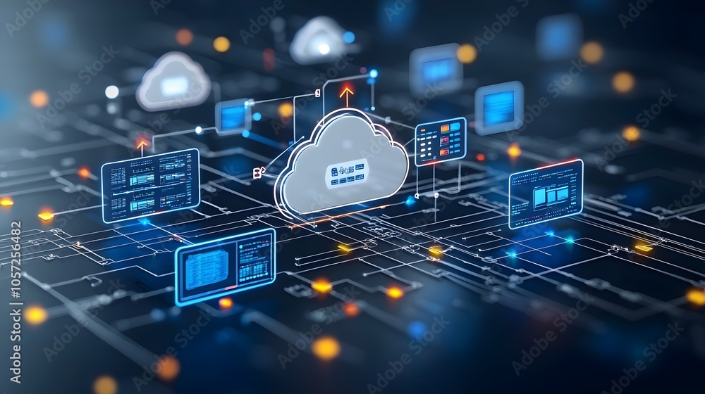 Poster Vibrant and Simplified Cloud Computing Network Showcasing Servers Arrows and Data Flow in Contrasting Colors Representing Technology Infrastructure and Connectivity