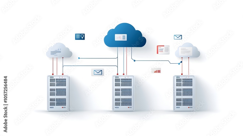 Poster Iconic Representation of Cloud Based Server Communication Infrastructure Highlighting the Digital Landscape of Interconnected Technologies and Data Services