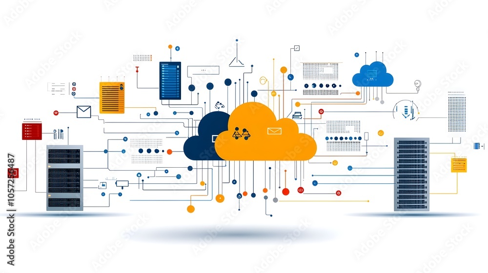 Poster of a cloud based server infrastructure showcasing the technology and connectivity required for seamless communication hosting and data management solutions in the digital era