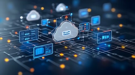 Vibrant and Simplified Cloud Computing Network Showcasing Servers Arrows and Data Flow in Contrasting Colors Representing Technology Infrastructure and Connectivity