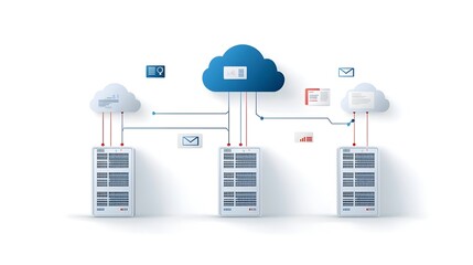 Iconic Representation of Cloud Based Server Communication Infrastructure Highlighting the Digital Landscape of Interconnected Technologies and Data Services