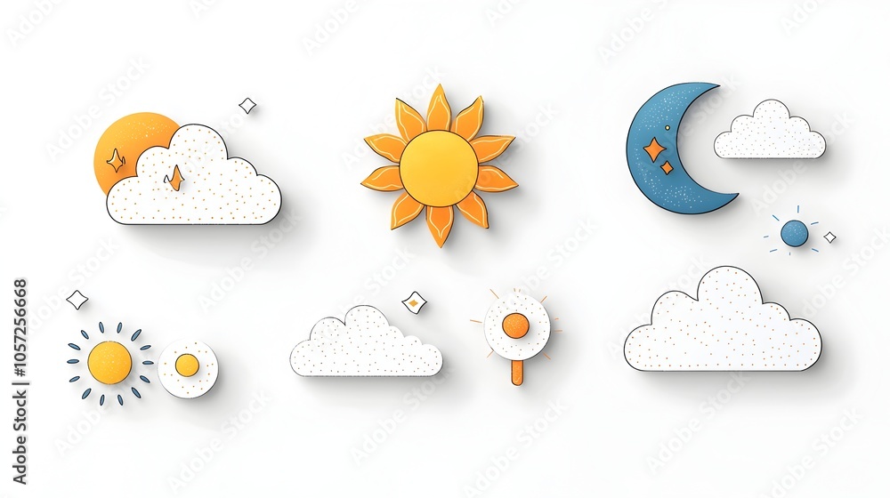 Poster minimalist weather icons featuring a bright sun moon and clouds with a dual color palette to enhance
