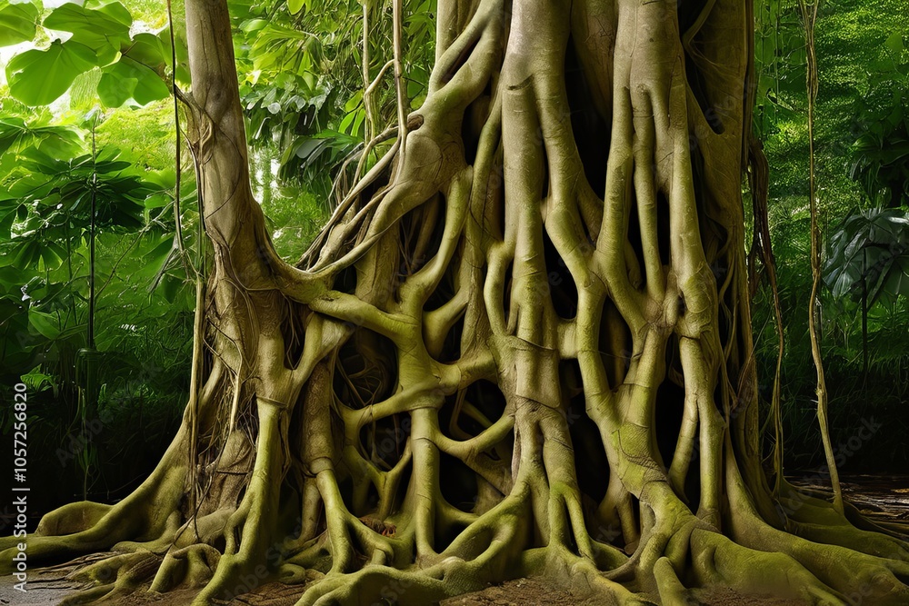 Poster strangler fig roots enveloping a tree to form a latticed a