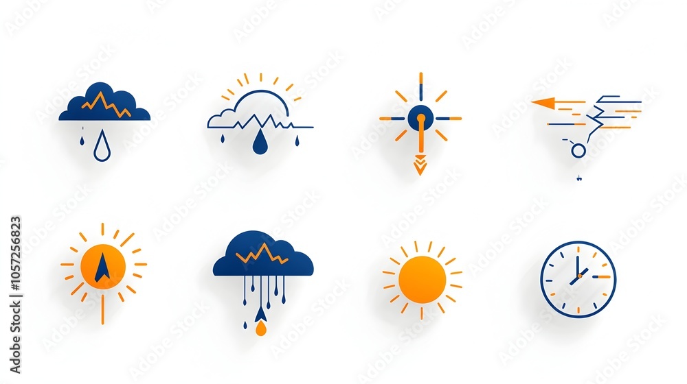 Poster set of two color flat weather icons crafted with geometric shapes and minimal design depicting thund
