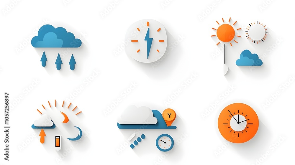 Aufkleber minimalist flat weather icons crafted with geometric shapes including symbols for thunderstorms suns