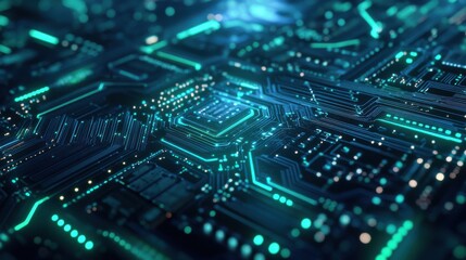 Blue and green electronic PCB design, 3D rendered circuits,