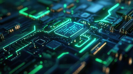 Blue and green electronic PCB design, 3D rendered circuits,