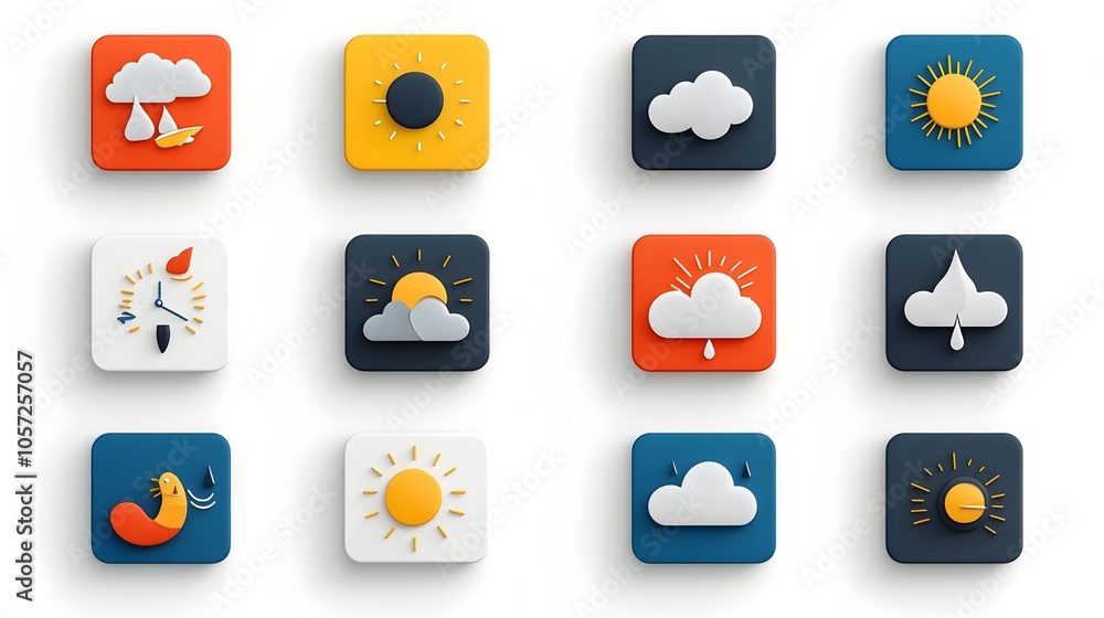 Poster Vibrant Minimalist Weather Icon Set with Contrasting Colors and Sharp Edges   Depicting Sunny Cloudy and Stormy Conditions in a Bold Graphic Style