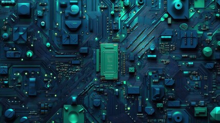 Fototapeta premium Complex electronic circuit board in blue and green tones, 3