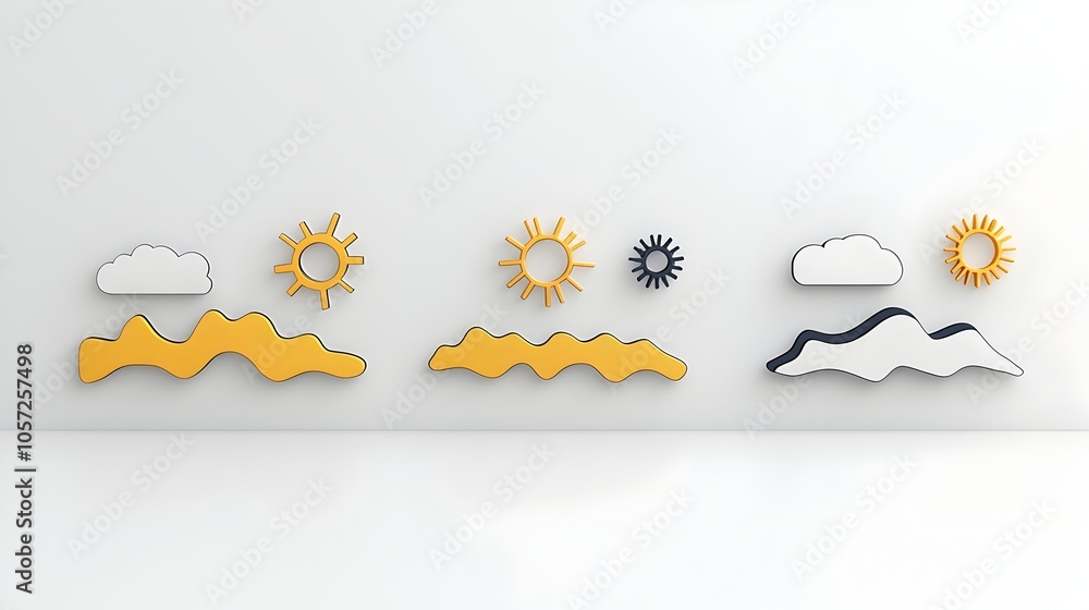 Poster Minimalist Weather Symbols in Contrasting Colors Representing Mist Heat Waves and Cold Fronts  Abstract Graphic with Crisp Clear Edges Designed for Weather Forecasting Climate Visualization