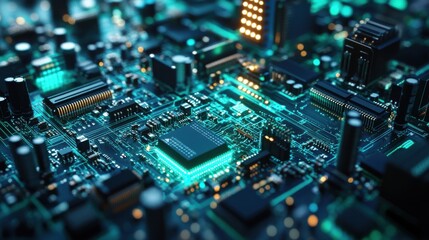 Obraz premium Futuristic 3D PCB design in shades of blue and green,