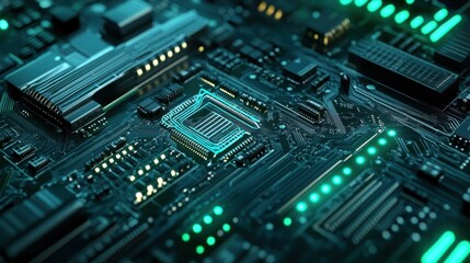 Obraz premium Futuristic 3D PCB design in shades of blue and green,